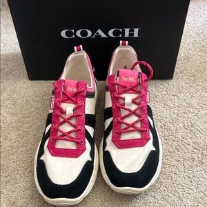 COACH Women's Cream, Black & Pink Leather Suede Sneakers
